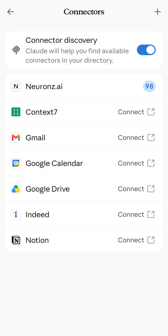 La page Connectors de l'application Claude sur Android, avec Neuronz.ai connecté