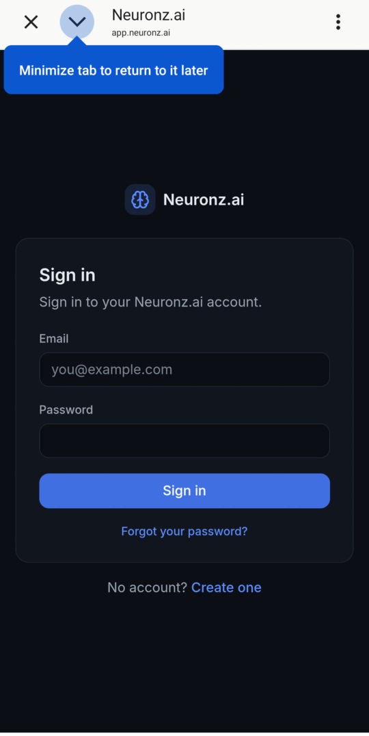 La page de connexion Neuronz.ai ouverte depuis l'application Claude sur Android