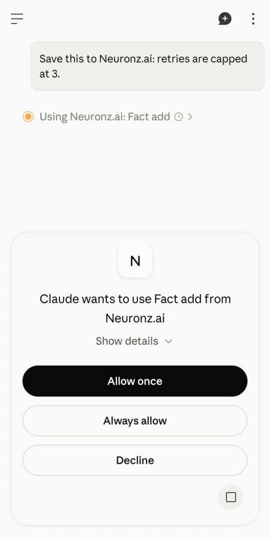 Claude demandant l'autorisation d'utiliser l'outil Fact add de Neuronz.ai sur Android