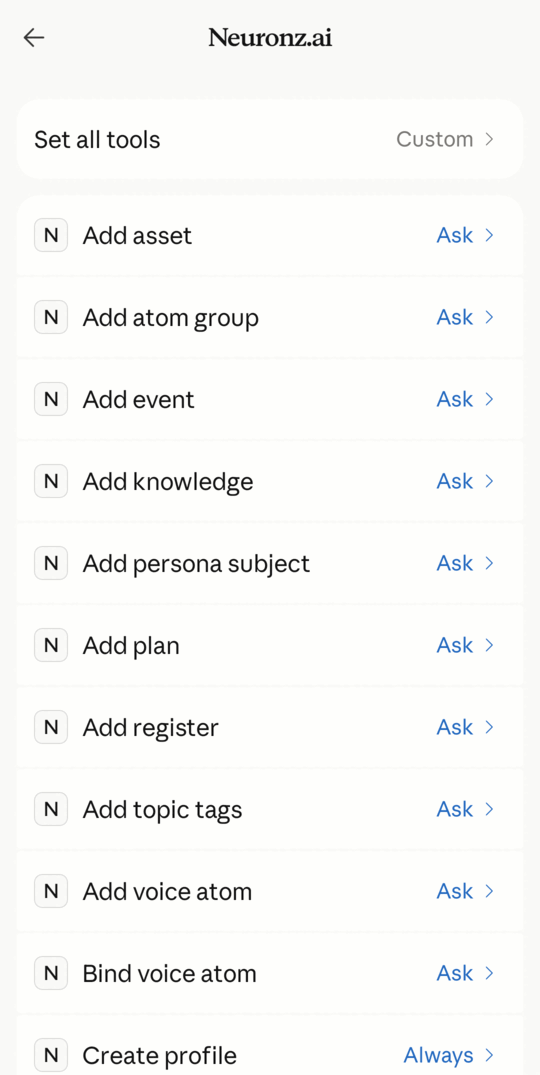 Les autorisations des outils Neuronz.ai dans l'application Claude sur Android
