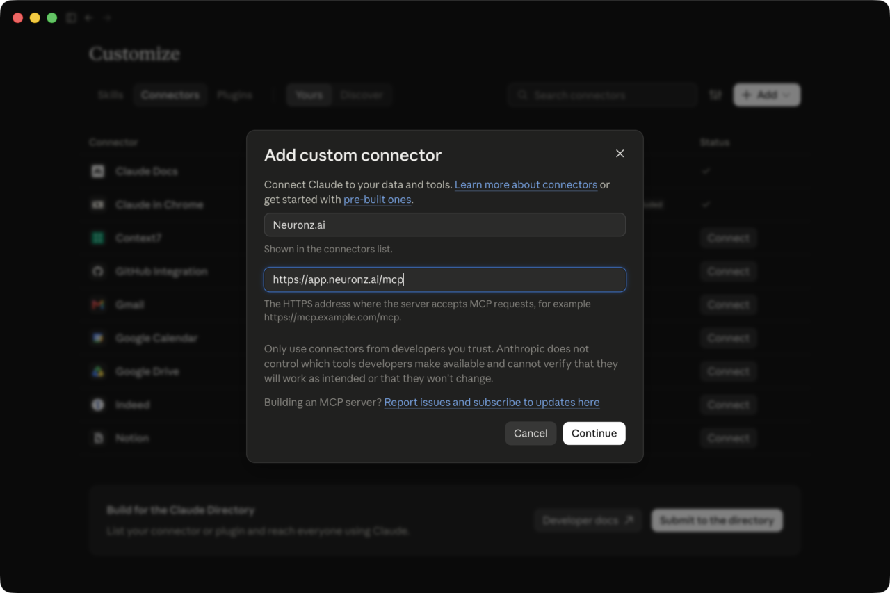 La première étape de la fenêtre Add custom connector, avec le nom Neuronz.ai et l'URL du serveur MCP remplis