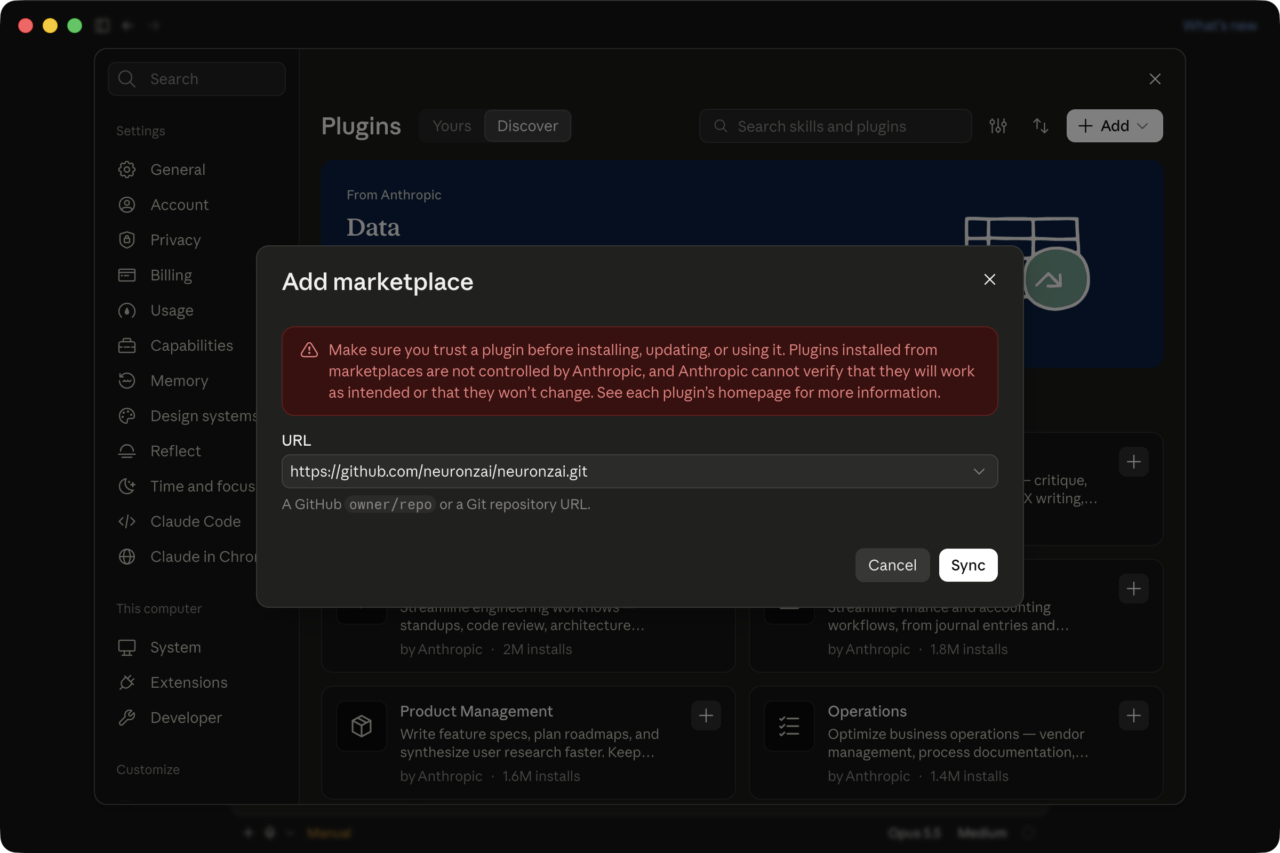 La fenêtre Add marketplace de l'application Claude pour ordinateur, avec l'URL de la marketplace Neuronz.ai saisie