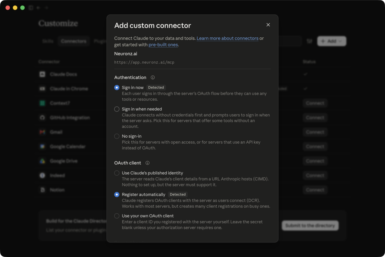 La deuxième étape de la fenêtre Add custom connector, avec Sign in now et Register automatically indiqués comme détectés