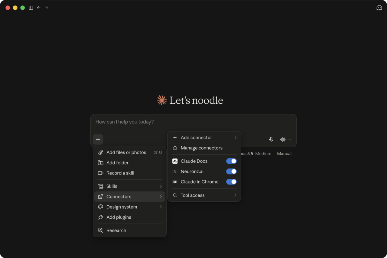 Le menu Connectors dans une conversation, avec le connecteur Neuronz.ai activé