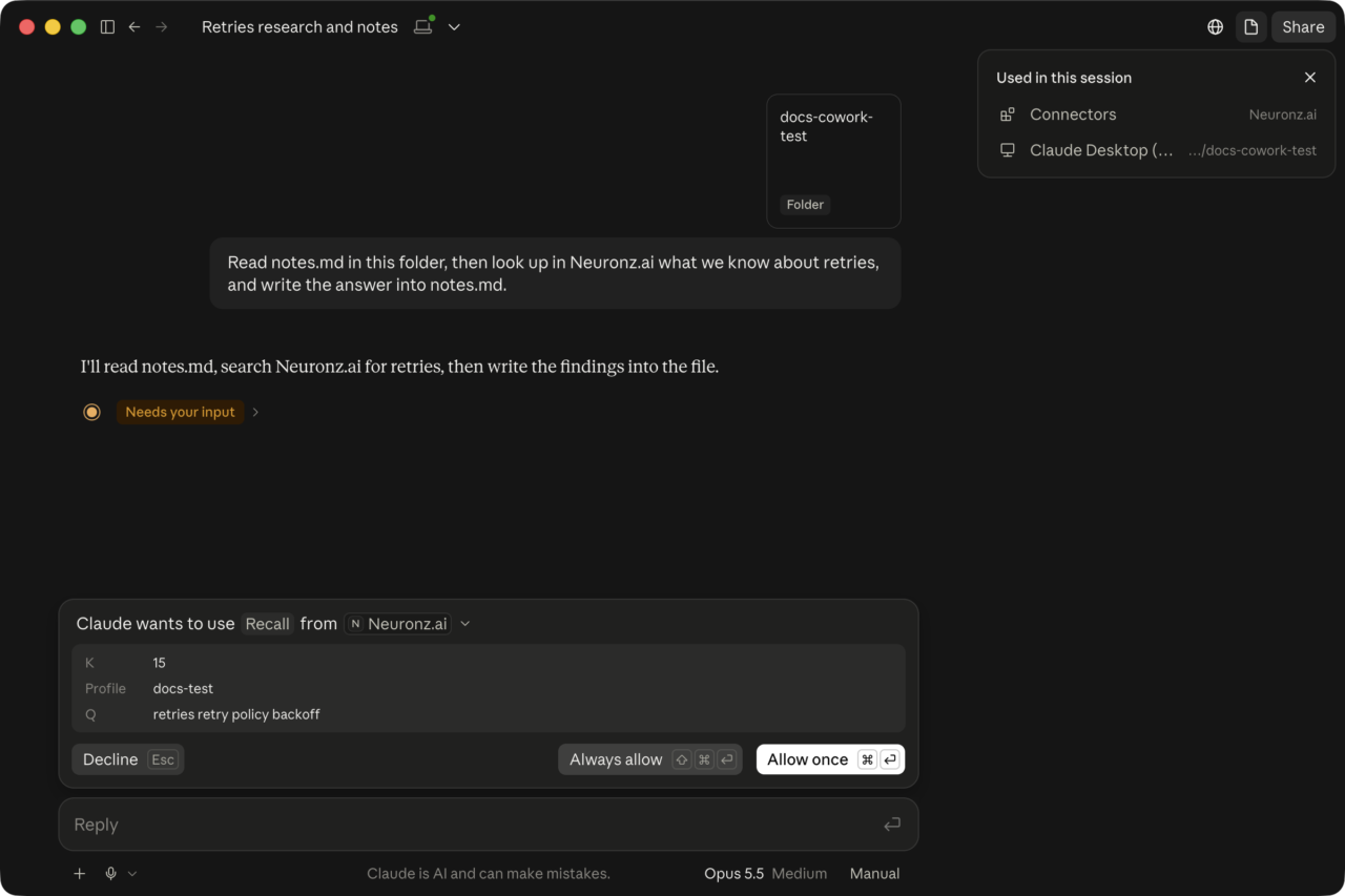 Une tâche Cowork dans l'application Claude, qui utilise un dossier local et le connecteur Neuronz.ai
