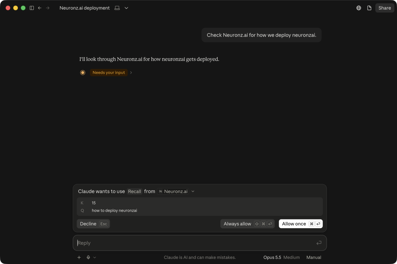 Claude demandant l'autorisation d'utiliser l'outil Recall de Neuronz.ai dans une conversation