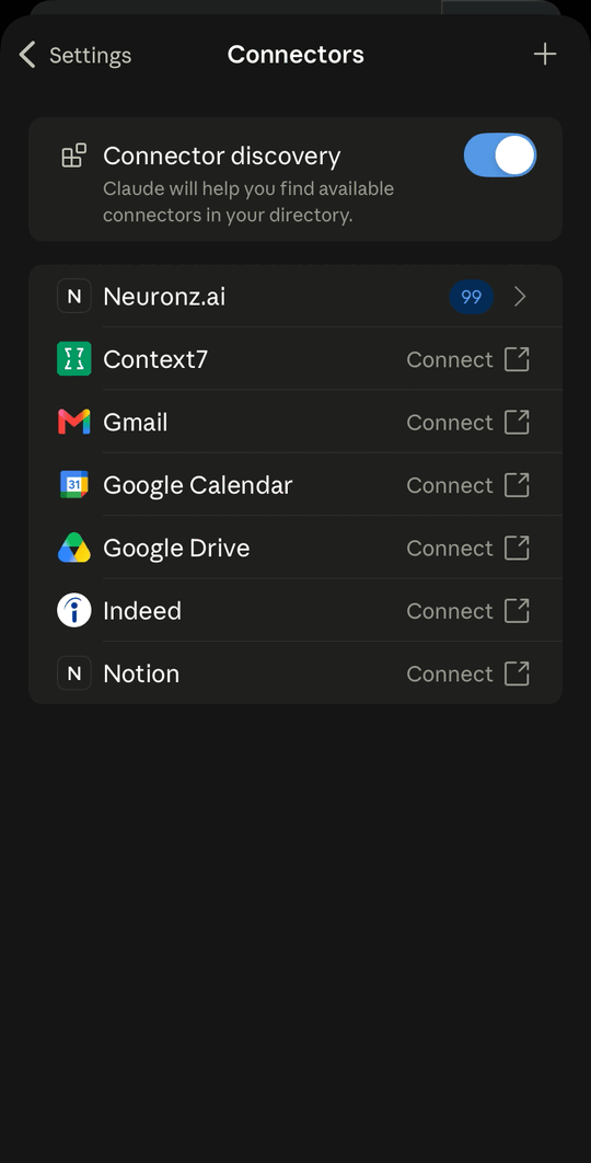 La page Connectors de l'application Claude sur iPhone, avec Neuronz.ai connecté