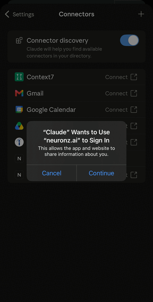 iOS demandant si Claude peut utiliser neuronz.ai pour se connecter
