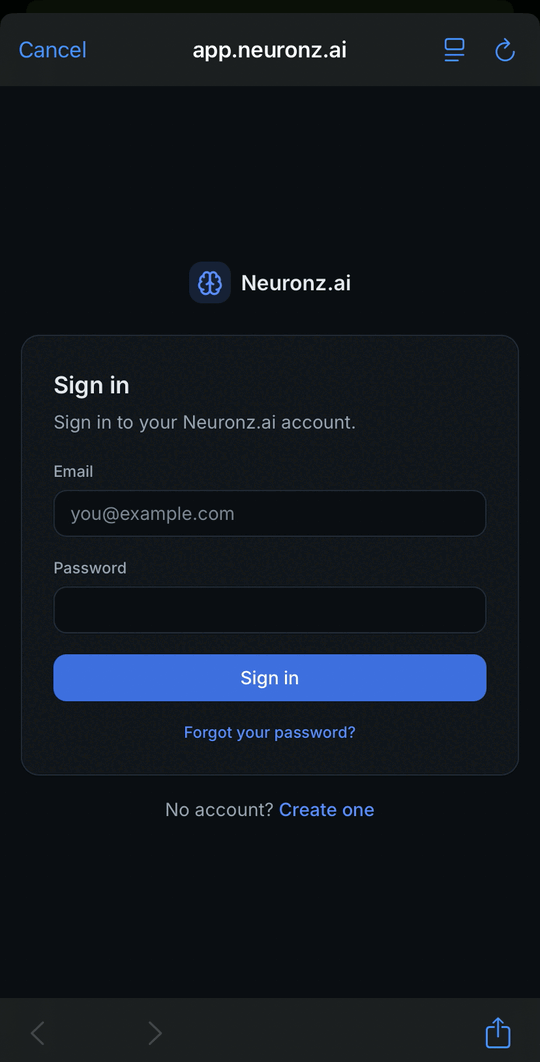 La page de connexion Neuronz.ai ouverte depuis l'application Claude sur iPhone