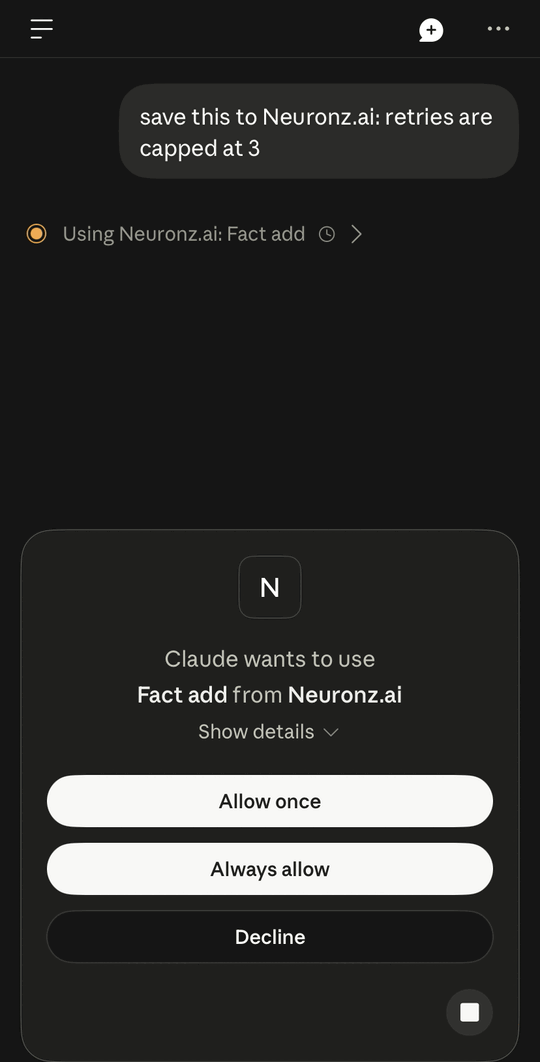 Claude demandant l'autorisation d'utiliser l'outil Fact add de Neuronz.ai sur iPhone
