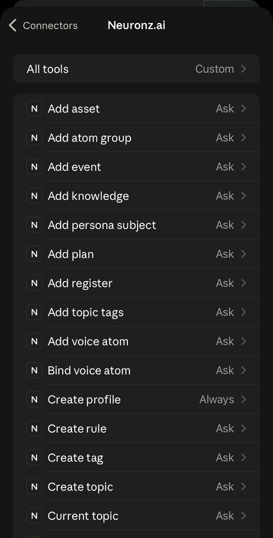 Les autorisations des outils Neuronz.ai dans l'application Claude sur iPhone