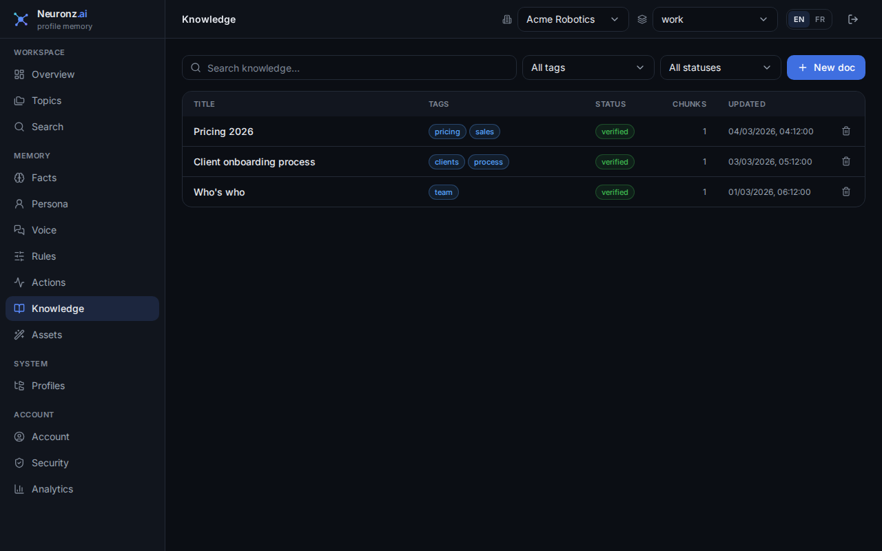La page Knowledge du tableau de bord, avec la liste des documents de connaissances enregistrés dans le profil