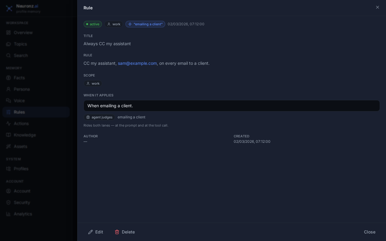La page Rules du tableau de bord Neuronz.ai affichant la règle « Always CC my assistant » : son texte « CC my assistant, sam@example.com, on every email to a client. », sa condition « When emailing a client. » indiquée comme jugée par l'agent, et sa portée, le profil work
